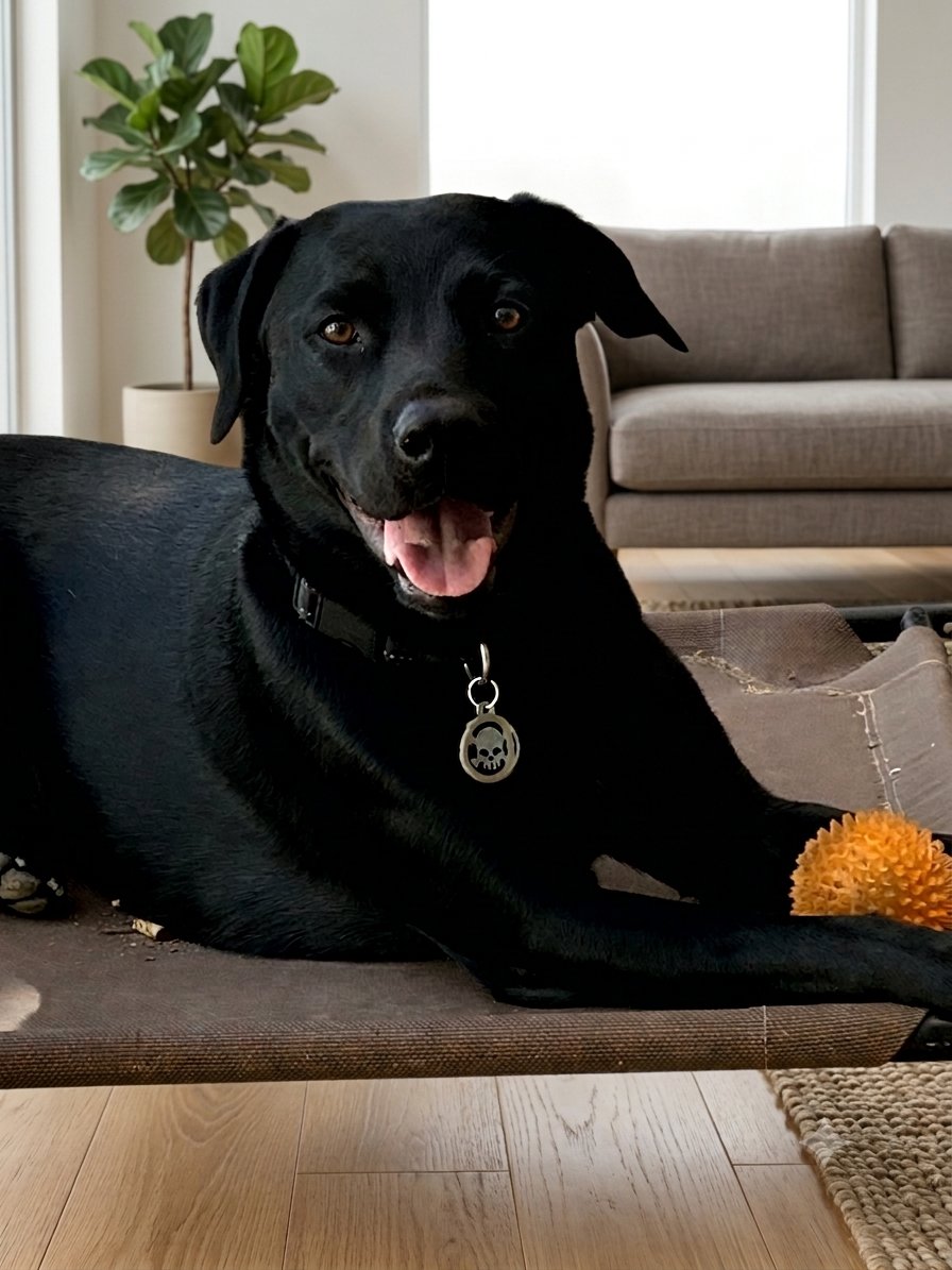 A happy black Labrador retriever relaxing at home