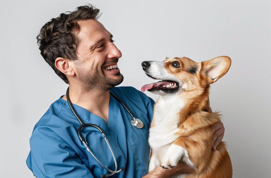A veterinarian gently caring for a dog